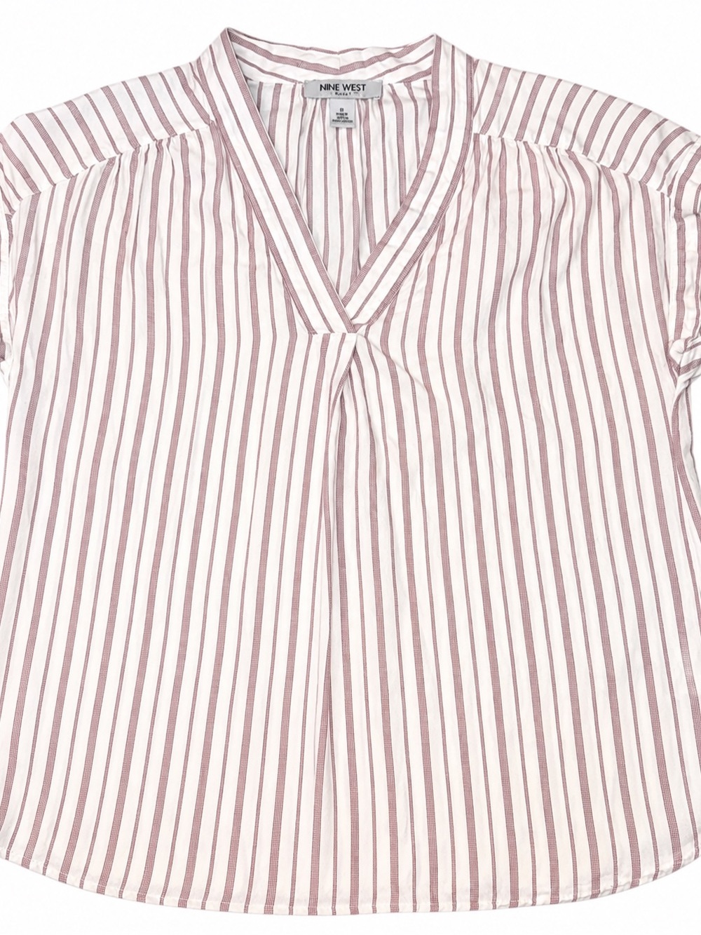Nine West White Blouse with Burgundy Stripes V-Neck